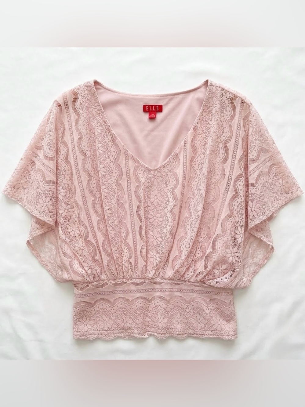 Elle Pink Lace V-Neck Dolman Sleeve Romantic Coquette Boho Balletcore Blouse - Picture 1 of 12